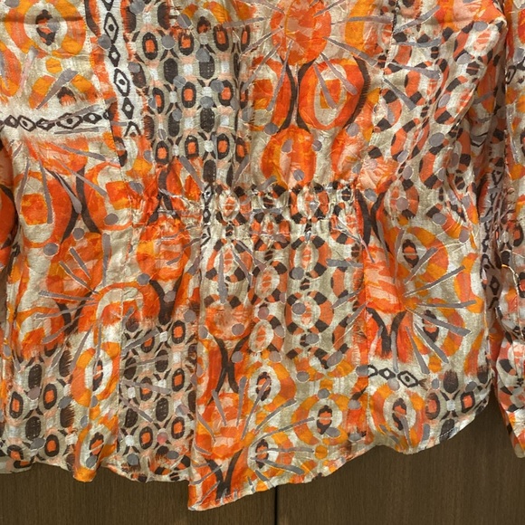 Ruby Rd. Orange Abstract Button Down Top Size 14 Mesh Detail Smocked Back Waist - Picture 10 of 16